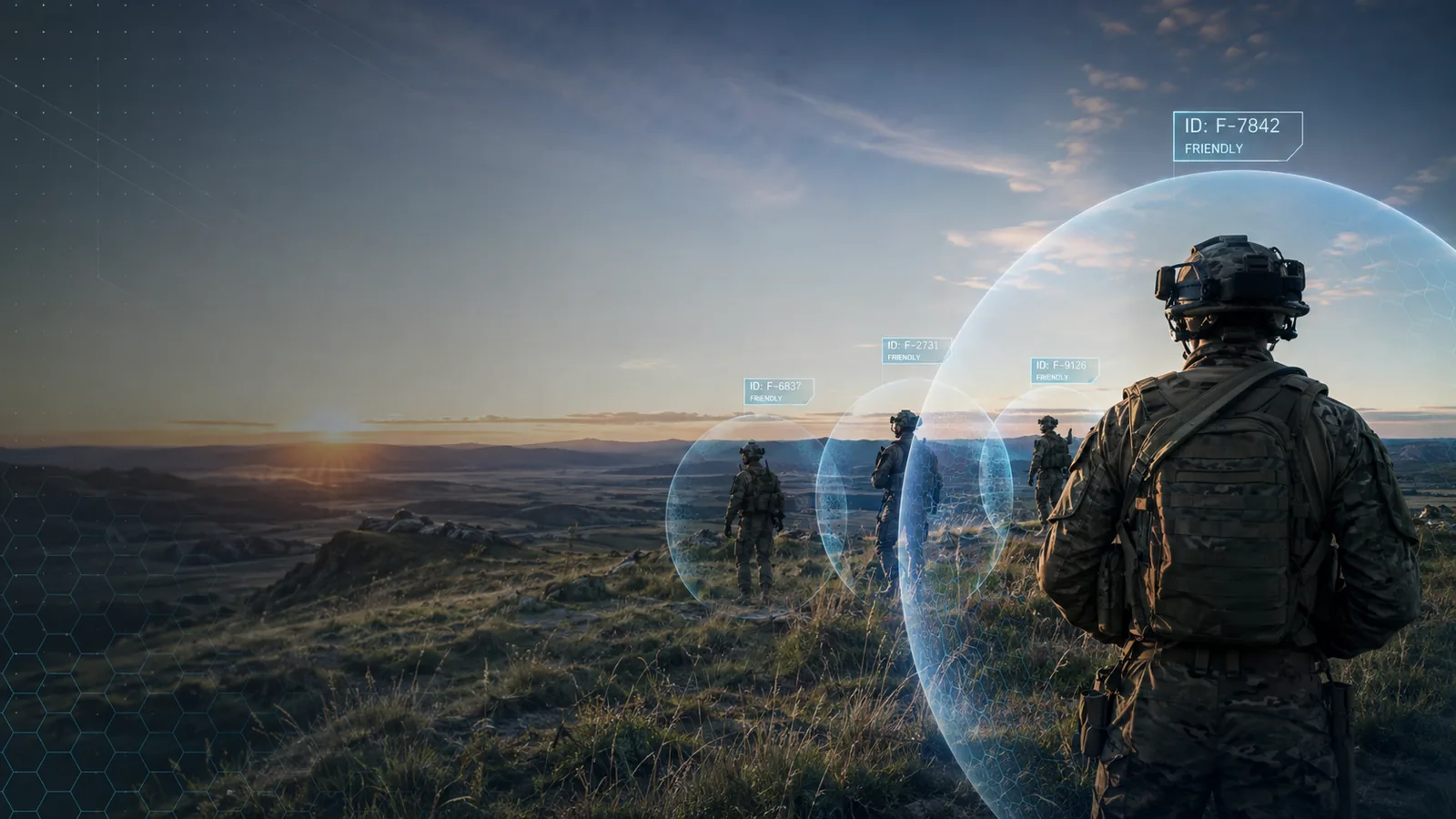 Dismounted soldiers at dusk, each carrying a KINEGIS friendly-force identification field.