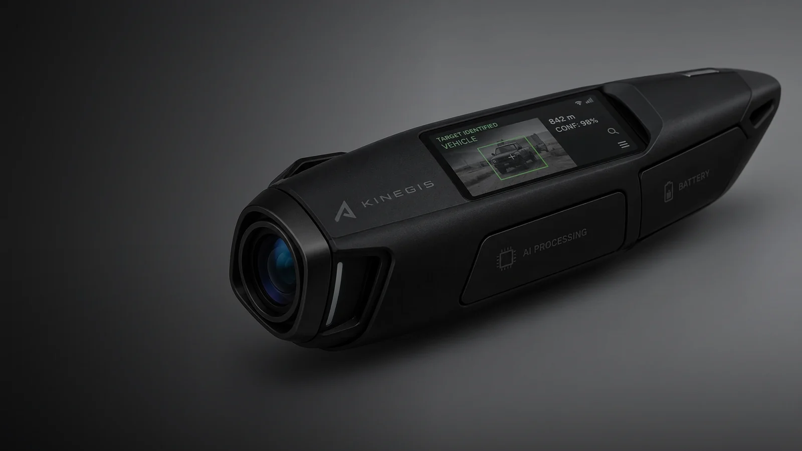 The KINEGIS handheld unit: ruggedised body, optical module at the front, identification display on the upper face.