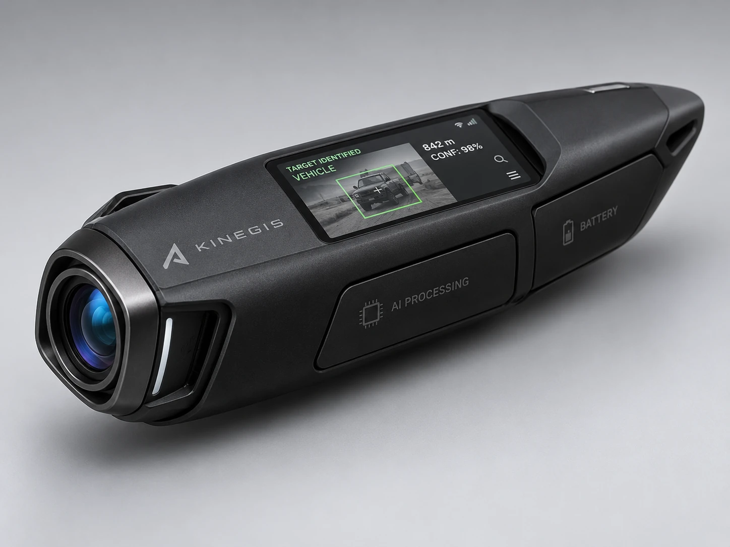 The KINEGIS handheld unit: ruggedised body, optical module at the front, identification display on the upper face.