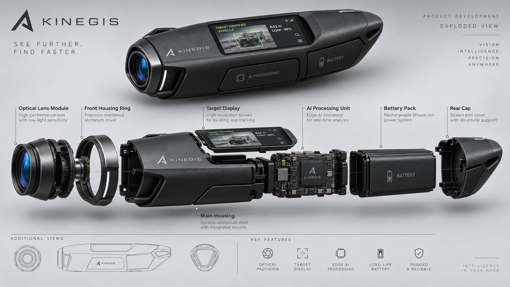 Exploded view of the KINEGIS unit showing, front to back: optical lens module, front housing ring, main housing, identification display, edge AI processing board, battery pack and sealed rear cap.